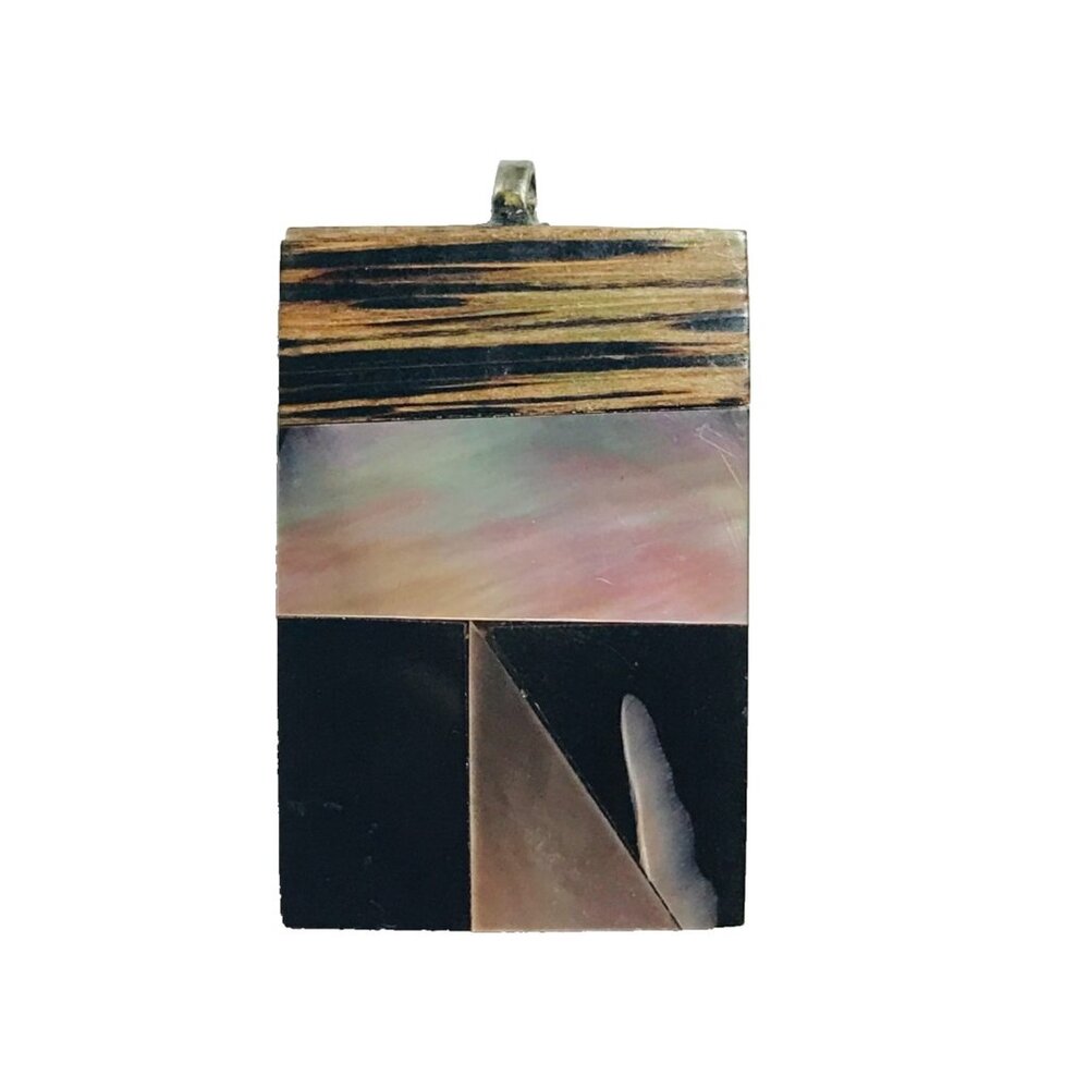 Vintage Natural Wood & Abalone Shell Inlay Pendant Abstract Rectangle Handmade
